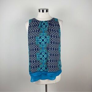 Rose & Olive Blue Green Geometric Floral Blouse Top Women Medium Lightweight